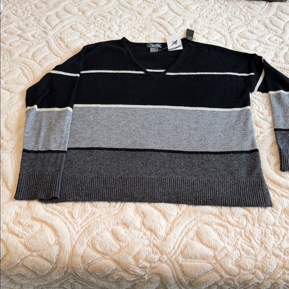 GRIFFEN: Women’s Black and Gray Striped wool & Cashmere Sweater - Picture 1 of 7